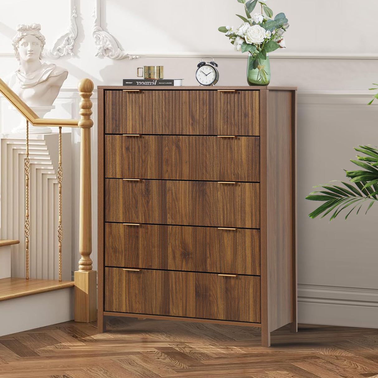 XUZENEST 5 Drawer Dressers for Bedroom, Modern Closet Chest of Drawers with Waveform Fluted Panel, Large Wood Storage Dresser Organizer for Nursery Bedroom Living Room Hallway Closet, Walnut XUZENEST