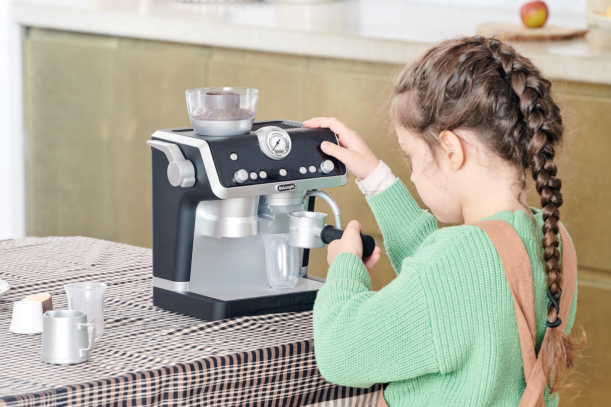 Casdon De'Longhi Toys Barista Coffee Machine. Toy Kitchen Playset for Kids with Moving Parts, Realistic Sounds and Magic Coffee Reveal. For Children Aged 3+, Silver, Black Casdon