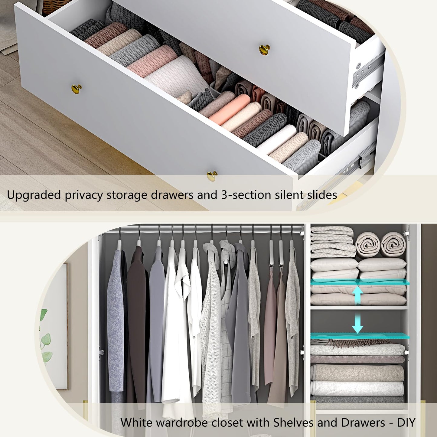 jiteentarou 3 Door Wardrobe Closet with Mirror & LED Lights, Bedroom Armoire with Drawers & Shelves, Modern Wooden Armoire Wardrobe Closet with Hanging Rod for Bedroom, White