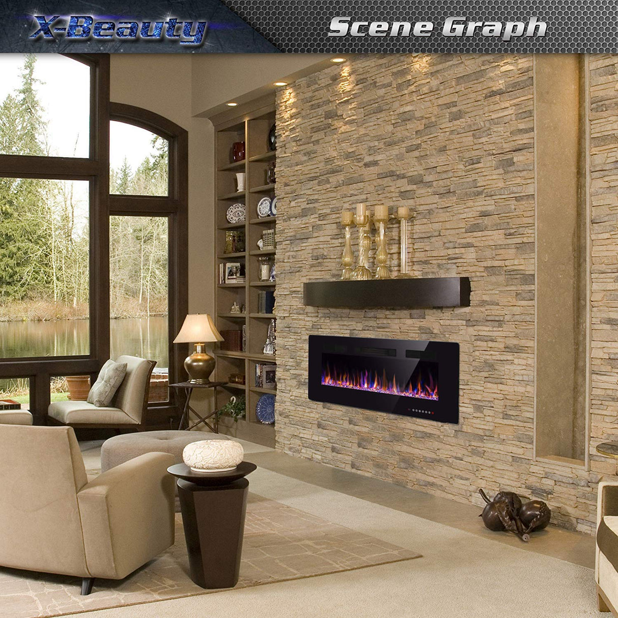 42" Electric Fireplace in-Wall Recessed and Wall Mounted 1500W Fireplace Heater and Linear Fireplace with Timer/Multicolor Flames/Touch Screen/Remote Control (Black) Xbeauty