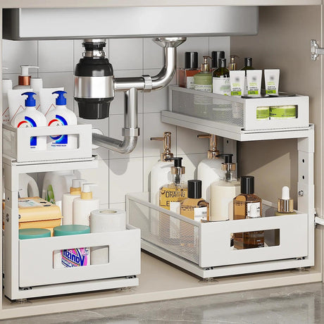 Corbyles 2 Pack Under Sink Organizer With Next-Gen Ball-Bearing Slides,2-Tier Pull Out Cabinet Storage,Height Adjustable Drawer Shelf for Bathroom,Kitchen,Laundry,Cabinet,Pantry(Patent Pending) Corbyles