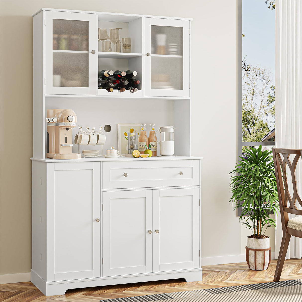 HOSTACK Kitchen Pantry Storage Cabinet, Modern Buffet Cabinet with Hutch, Tall Kitchen Hutch Cabinet with Microwave Stand, Food Pantry Cabinet with HOSTACK