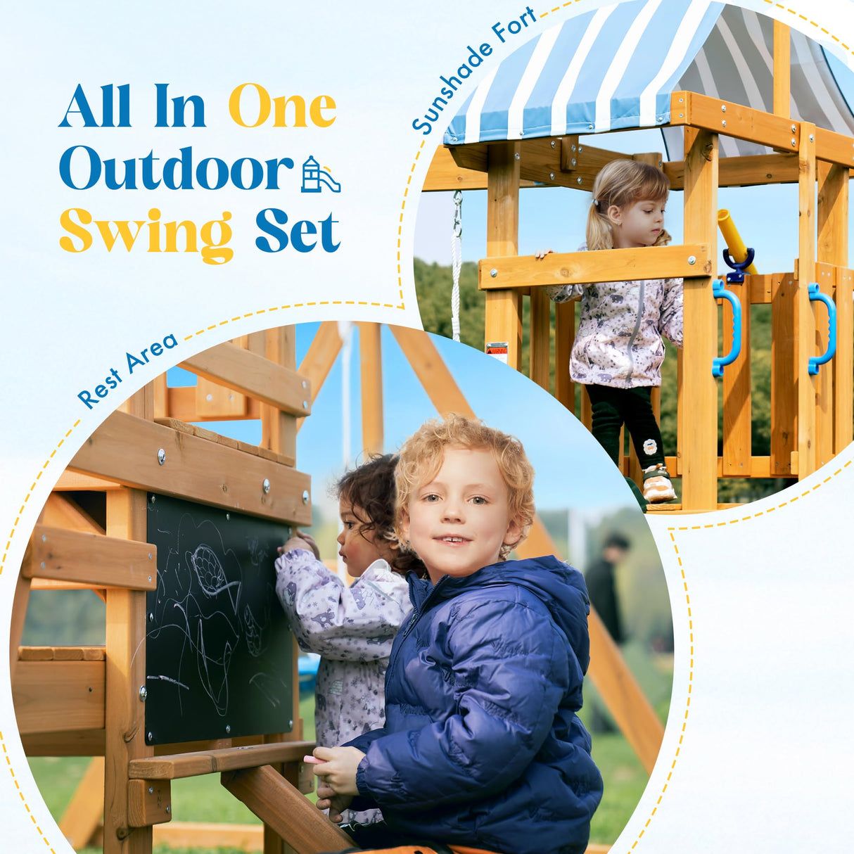 ROBUD Swing Sets for Backyard, Wooden Swing Set, All-in-One Kids Outdoor Play Equipment with Two Swings, Slide, Rock Climbing Wall, Blackboard, Telescope, Fort, Outdoor Playset for Kids & Toddlers ROBUD