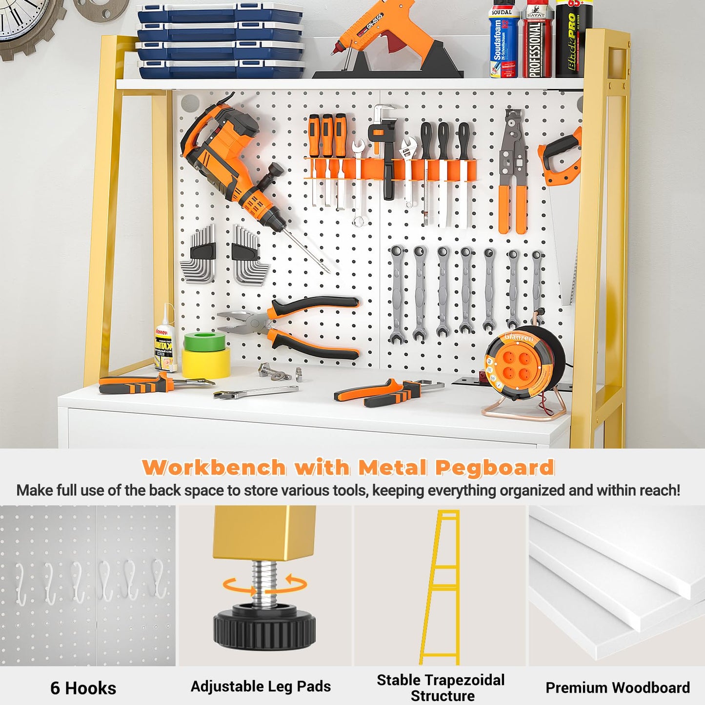 Cyclysio Small Workbench with Pegboard, Garage Table with LED Light & Power Outlets, Work Bench with Drawer, Workstation with Storage Cabinet and 6 Hooks, White - WoodArtSupply