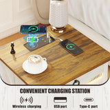 FREDEES Farmhouse Night Stand with Charging Station, Bedside Table with LED Light & Gun Drawer, Nightstands for Bedroom Living Room, End Table Antique White FREDEES