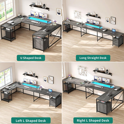 YITAHOME U Shaped Desk with Power Outlets & LED Lights, 79" Reversible L Shaped Desk with Drawers, Corner Computer Desk Office Desk with Monitor Stand & Storage Shelves, Grey - WoodArtSupply