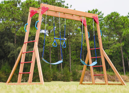 Dolphin Playground Wood Swing Sets for Backyard with Monkey Bar, Kids Outdoor Play Equipment, Outdoor Playset for Kids with Trapeze Swing Bar and 2 Belt Swings, Heavy Duty Playground Accessories