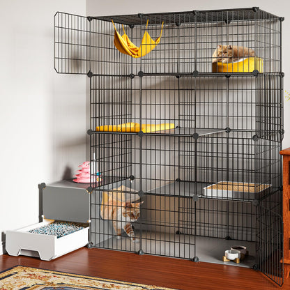 Oneluck Cat Cage with Litter Box,4-Tier DIY Cat Enclosures Large Playpen Detachable Metal Wire Kennel Indoor Crate Large Exercise Place Ideal for 1-2 Cat - WoodArtSupply