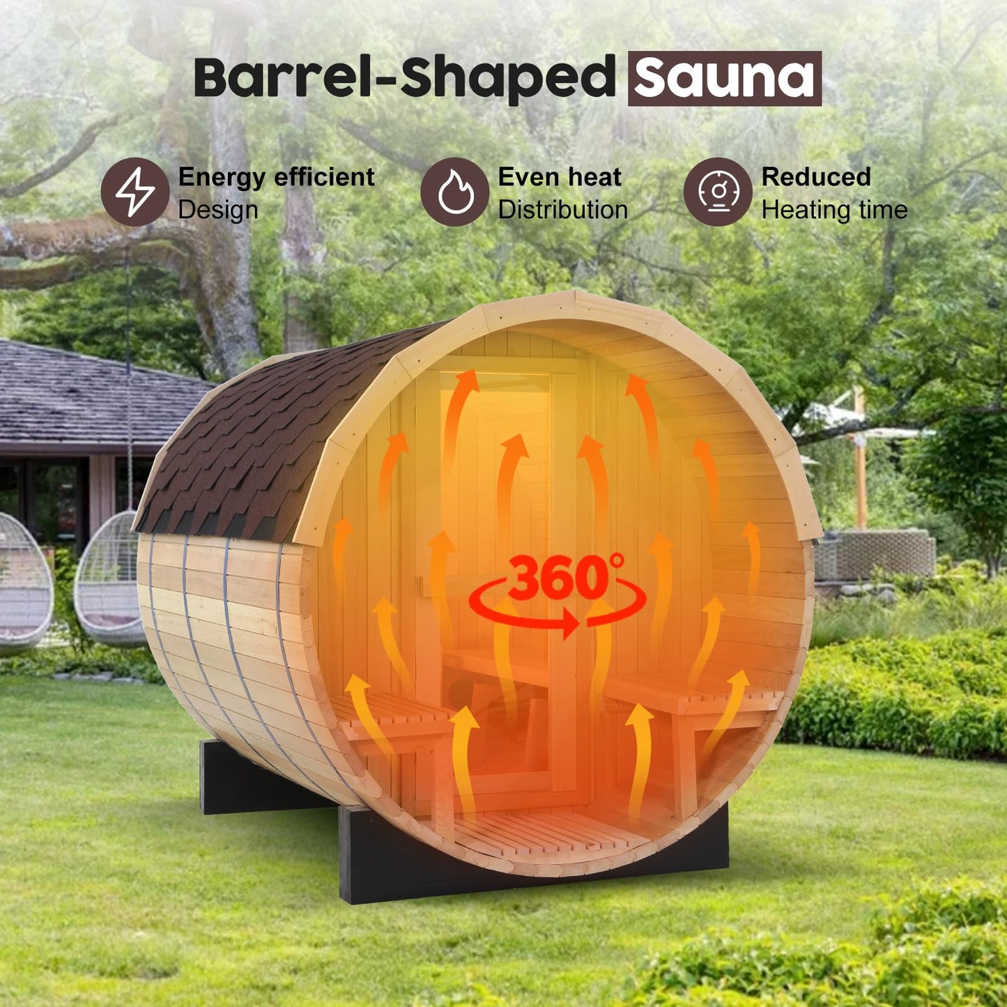 ZONEMEL Indoor and Outdoor Barrel Sauna Room with Porch, Asphalt Shingle Roof, Canadian Hemlock Wood Steam Sauna with 6KW Harvia Heater, Tempered Glass, Mostly for 6 People Sauna Bath - WoodArtSupply