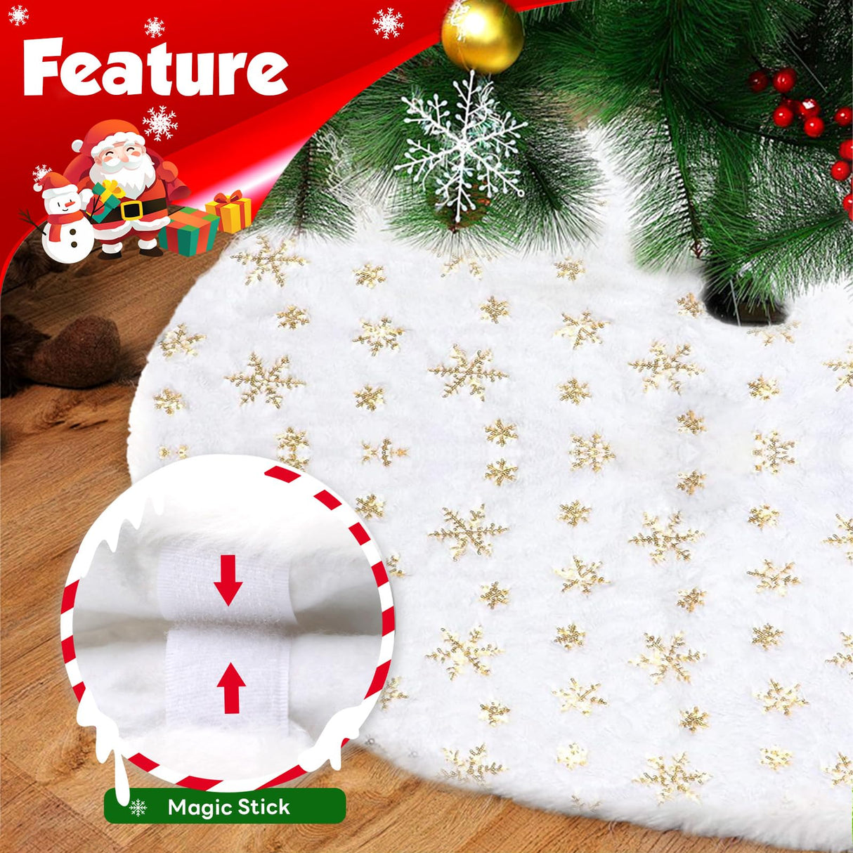 Christmas Tree Skirt 36 Inch, Holiday Part Decorations for Christmas Tree, Whit Plush Gold Sequin Snowflake Tree Shirt for Xmas SRISE