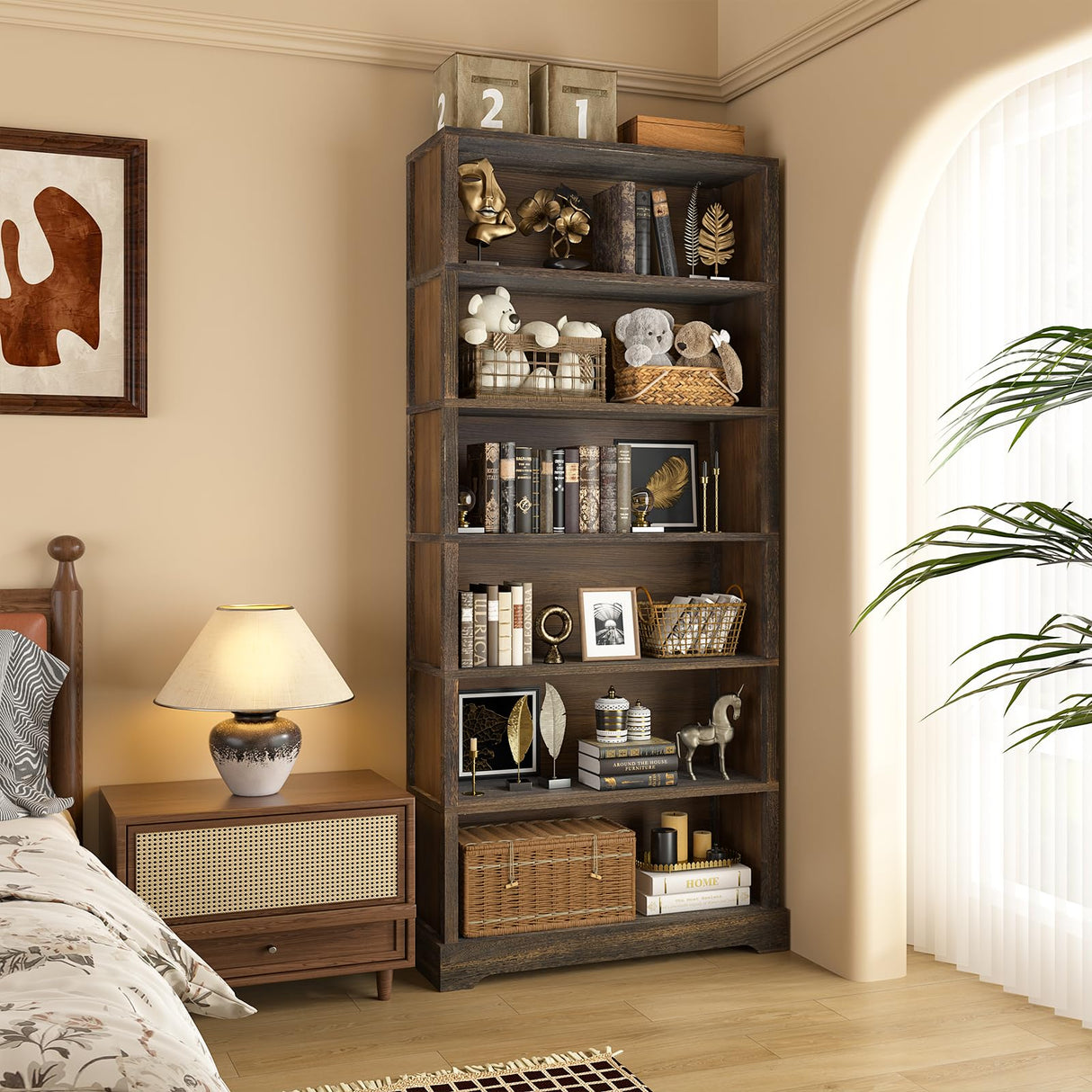 TVU 6-Tier Wooden Book Shelf, Floor-Standing Display Bookcase, 77.2" H x 31.5" W x 11" D Bookshelf, Farmhouse Style Book Case with Arched Base, Suitable for Living Room, Study, Office, Rustic Brown TVU