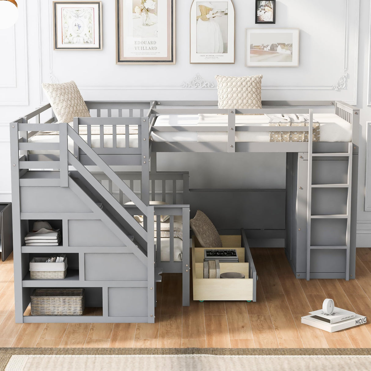 SOFTSEA Twin Over Twin Over Full Bunk Bed with Desk, 3 Storage Drawers and Wardrobe, L Shaped Triple Bunk Beds with Staircase, Wood Bunk Bed Frame with Guardrails and Ladder, 3 Beds in 1, Gray SOFTSEA