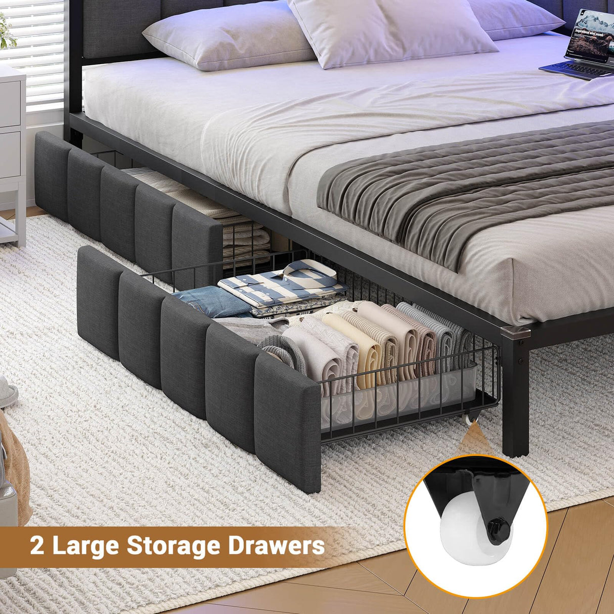 Hasuit Corner Bed Frame with Storage Drawers, Full Daybed with Line Fabric Upholstered Fence, Kids Bed Unit with LED Light and Charging Station, Modern Bed Frame Full Size, Gray Hasuit