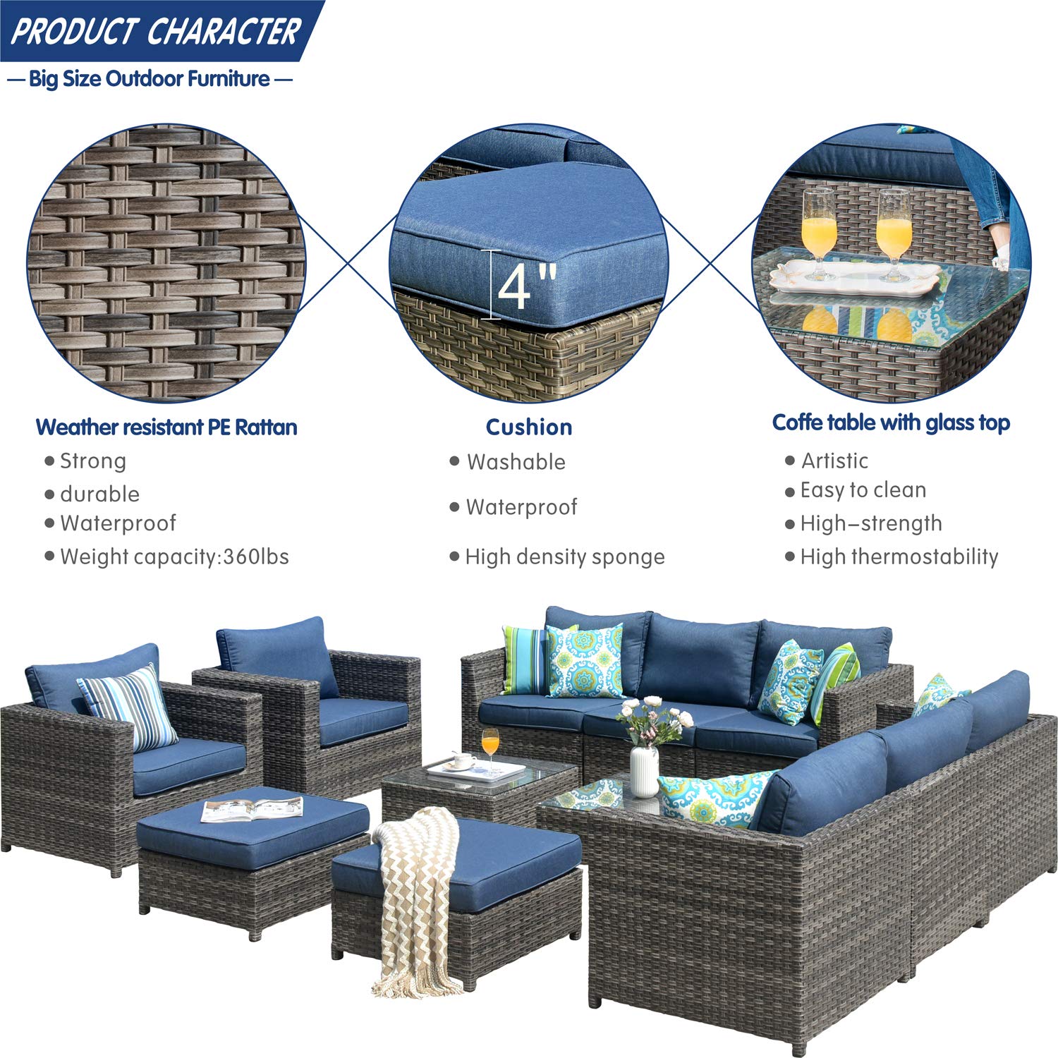 ovios Patio Furniture Set 12 Pieces Outdoor Conversation Set All Weather Wicker Rattan Sectional Sofa Sets with Thick Cushions Fully Assembled Furniture, Big Size, Grey Wicker, Denim Blue - WoodArtSupply