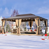 MELLCOM 14'x20' Hardtop Gazebo, Galvanized Steel Metal Double Roof Aluminum Gazebos with Curtain and Netting, Brown Permanent Pavilion Gazebo with Aluminum Frame for Patios, Gardens, Lawn MELLCOM