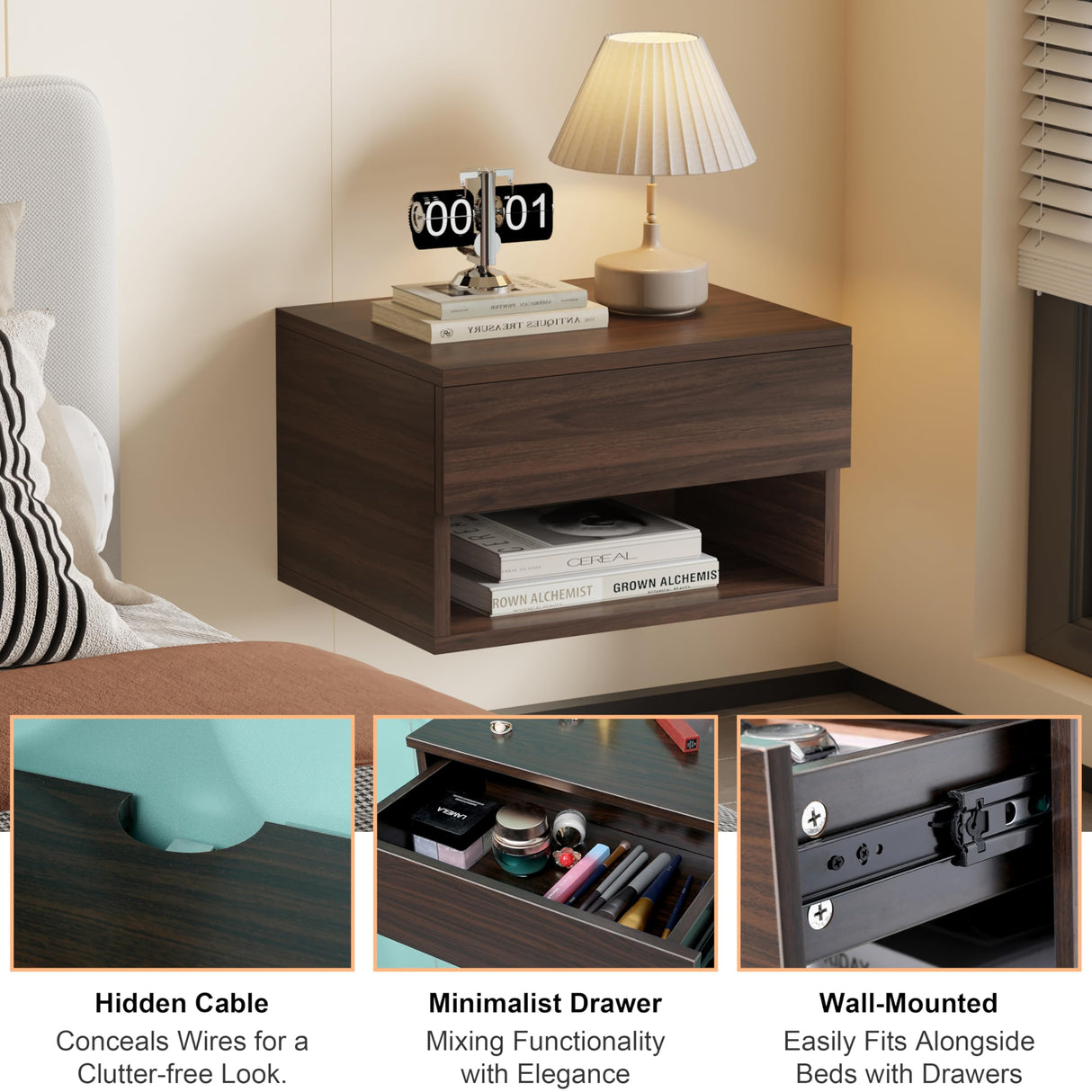 Wall Mounted Floating Night Stand - Wall Mounted Floating Nightstand with Drawer for Dorm & Bedroom, Cute Natural Wood Bedside Shelf & Desk, Storage Table with Soft Close Rails, Shelve for Decor Speed Wagon Foundation