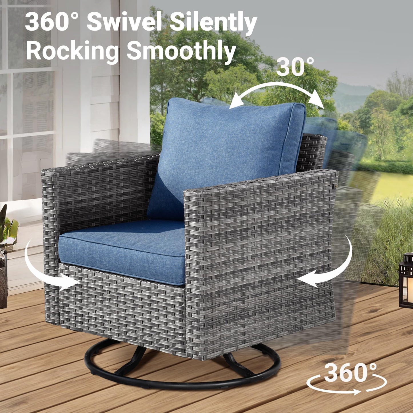 ovios Patio Furniture Set, 10 Piece Outdoor Wicker Sofa with Swivel Rocking Chairs and Comfy Cushions, High Back Rattan Couch Conversation Set, Denim Blue - WoodArtSupply