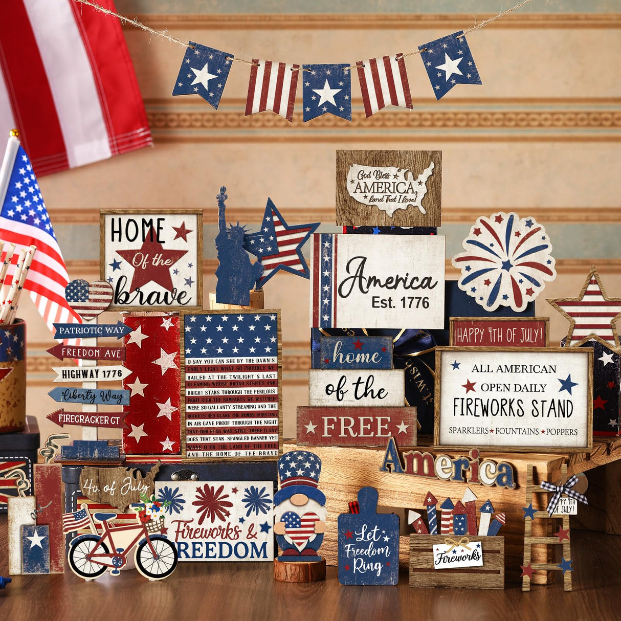 Seeloowy 26 Pcs 4th of July Patriotic Tiered Tray Decoration Independence Day USA Flag Wood Signs Rustic Wooden Tiered Tray Decorations for Labor Day Memorial Day Home Party (Cute Style) Seeloowy