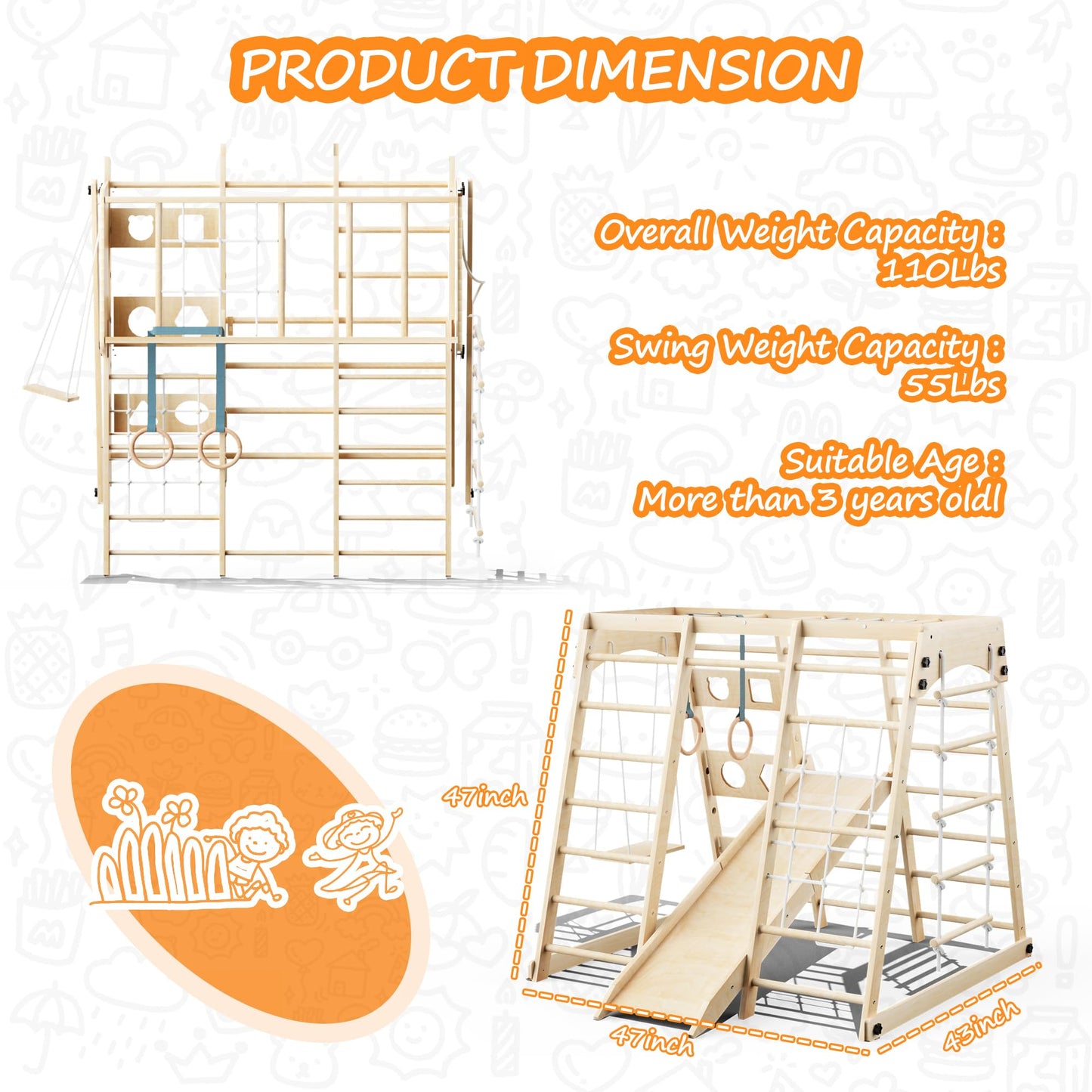 Folding Indoor Jungle Gym for Toddlers, Foldable Toddler Indoor Playground, Space-Saving 8-in-1 Montessori Indoor Toddler Climbing Playset with Slide/Climbing, Swing,Net, Monkey Bars, Ring