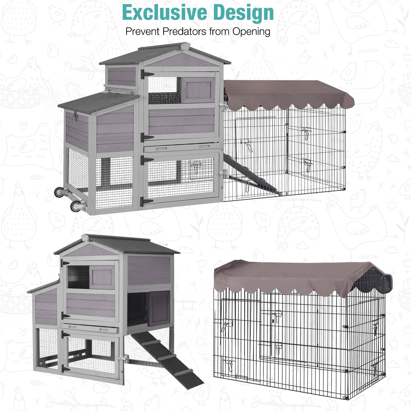 SUUMERPETY Chicken Coop Outdoor,Wooden Chicken House with Metal Chicken Run,Mobile Hen House with Nesting Box,Outdoor Poultry Cage for Yard Farm Use