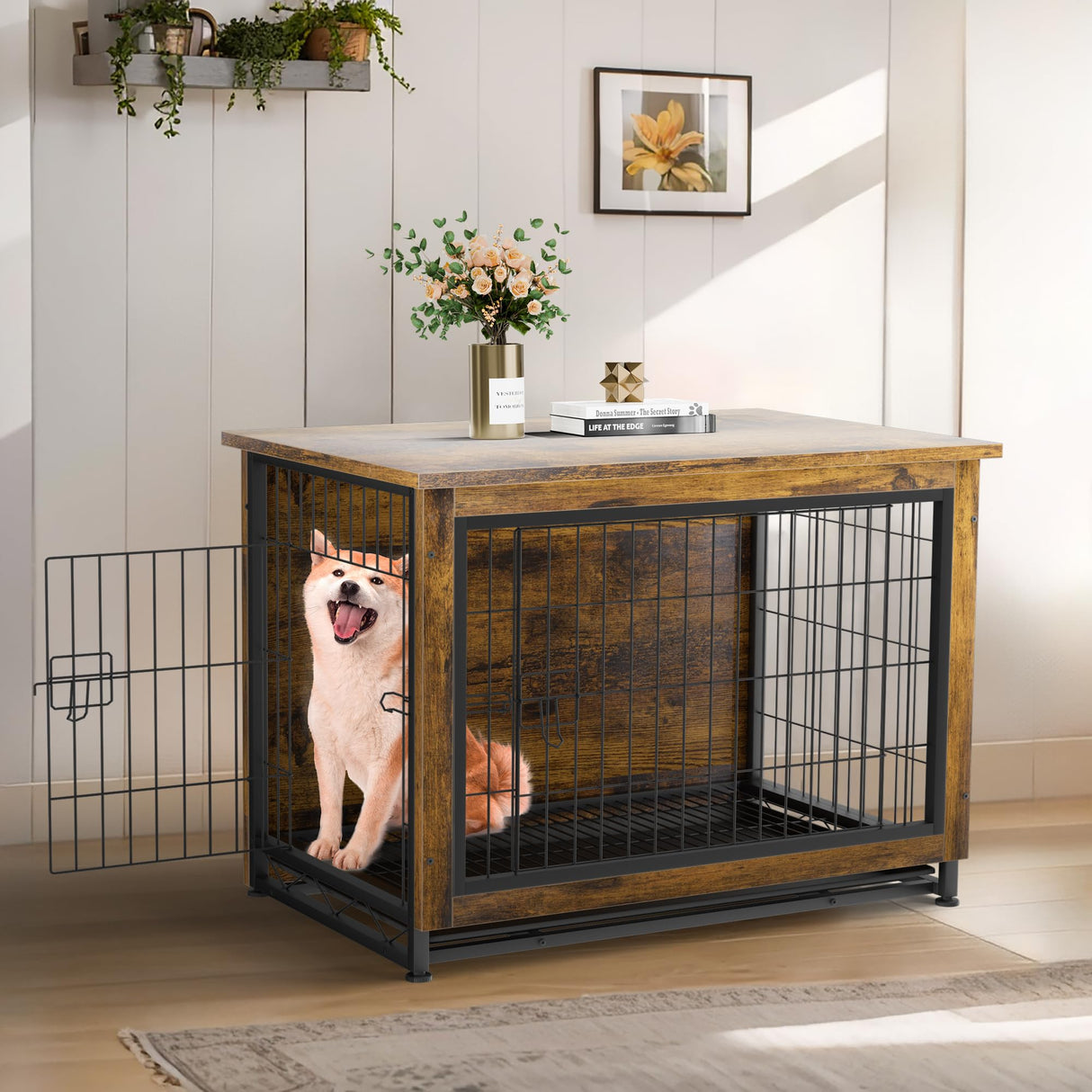 JY QAQA Dog Crate Furniture, Wooden Dog Crate Table, Double-Doors Dog Furniture, Indoor Dog Kennel, Dog House, Dog Cage/Brown/L JY QAQA PET