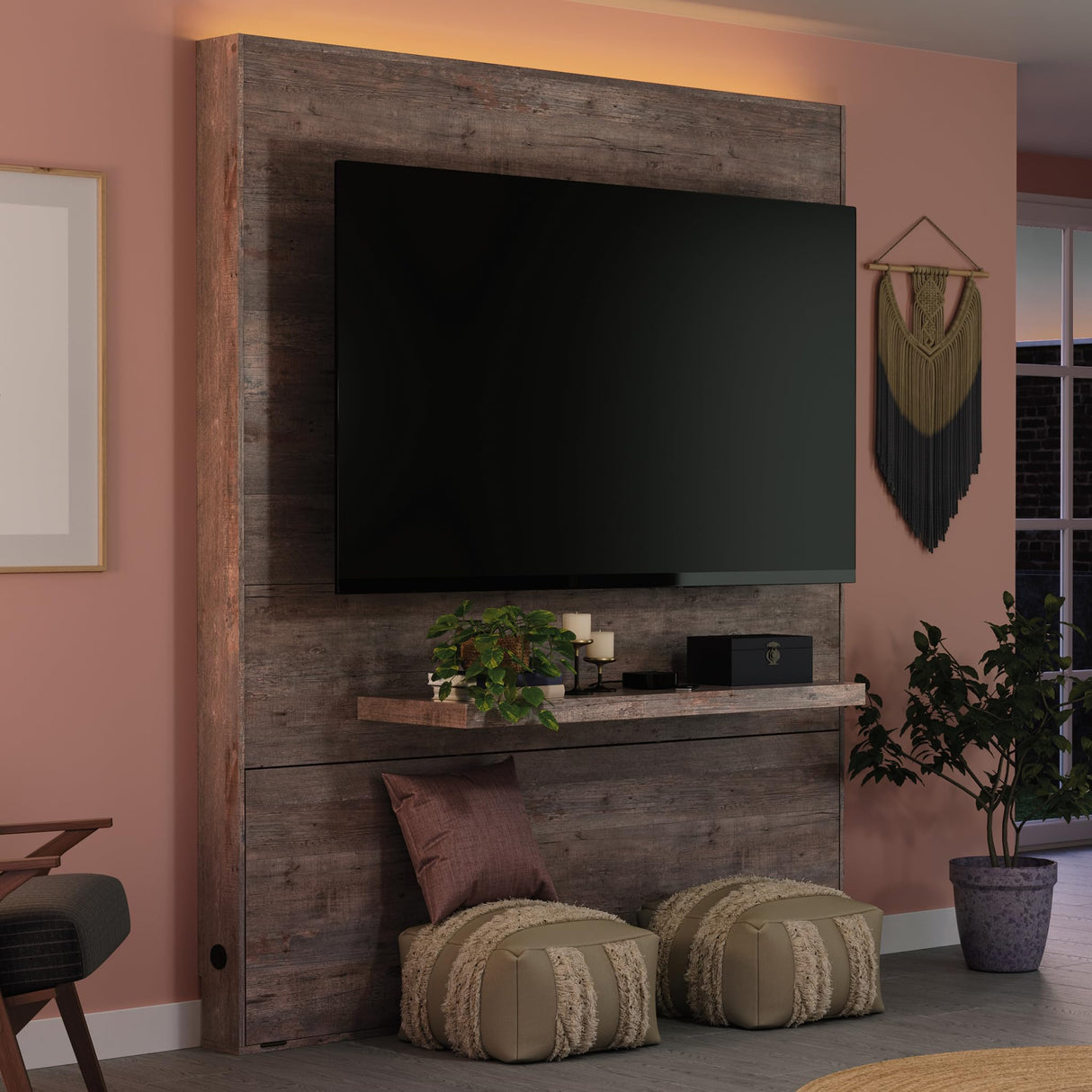 Sauder Steel River Entertainment Wall, for TVs up to 70", in a Weathered Wood Finish Sauder