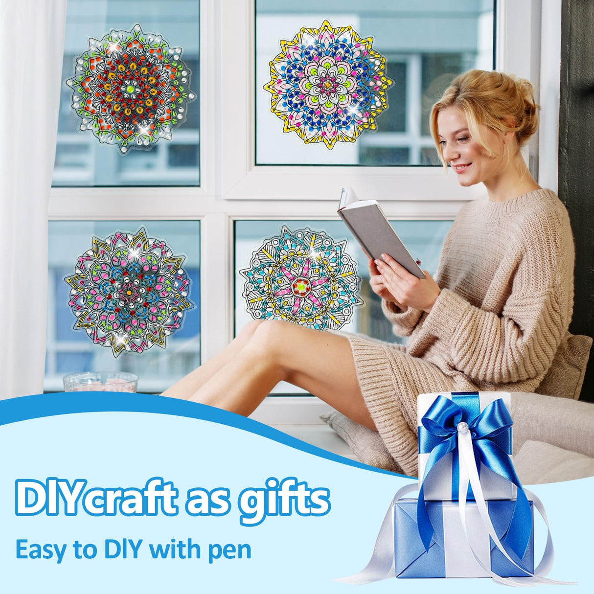 LINGFANG 4 Pcs Diamond Art Stained Glass Window Clings with Diamond DIY Pen Tools, Diamond Painting Window Stickers for Suncatchers, Diamond Art Kits for Adults, Diamond Art Accessories (Mandala 4) LINGFANG