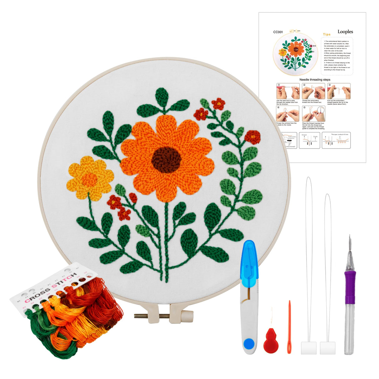 Punch Needle Embroidery Kit for Beginners – Complete Set with Patterned Fabric, Hoops, Yarns & Tools – DIY Rug-Punch Craft Kit for Adults & Kids (1 Style) Looples