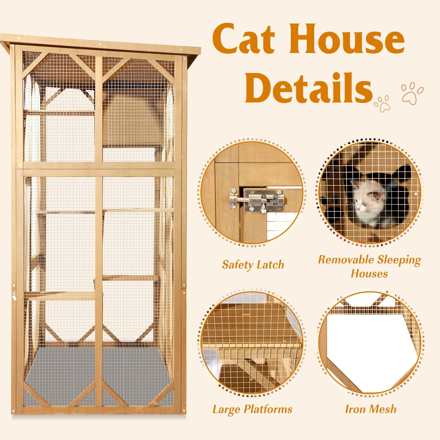 Grepatio Cat Enclosure Large Outdoor Catio Wooden Cat House with Weatherproof, Cat Cage Condo Indoor Playpen with Platform and Small House(Natural)