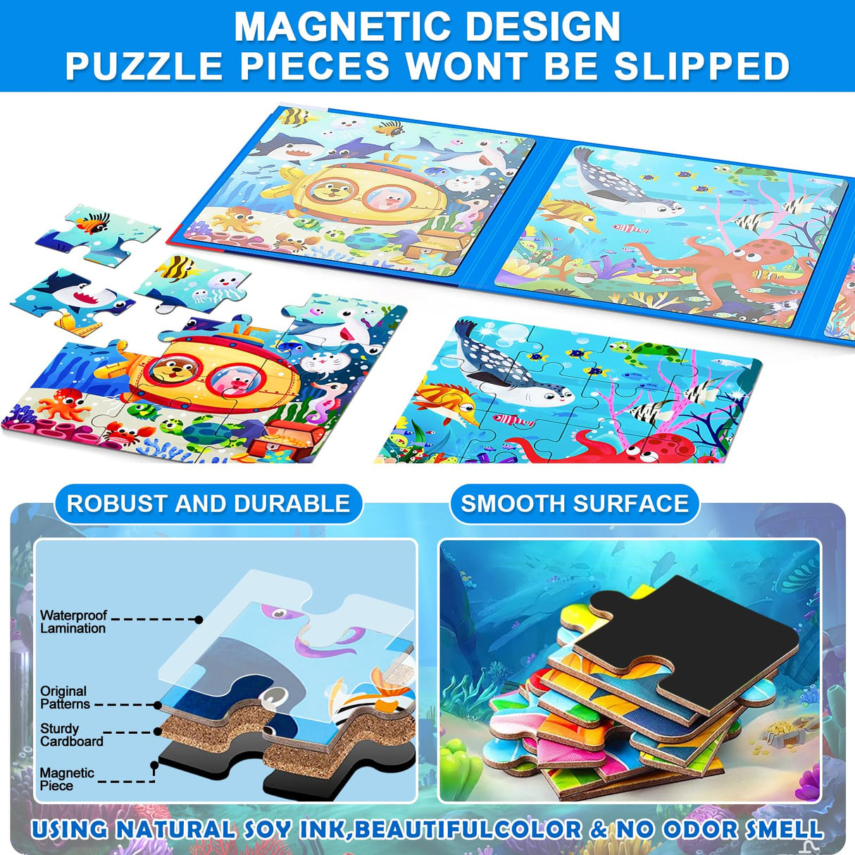 Magnetic Puzzles for Kids Ages 3-5, 3 in 1 Ocean World Toddlers Magnet Jigsaw Puzzle Book, Kids Travel Puzzles Toys, Preschool Learning Toy for Kids 3-8 Year (Ocean World) EREBADI