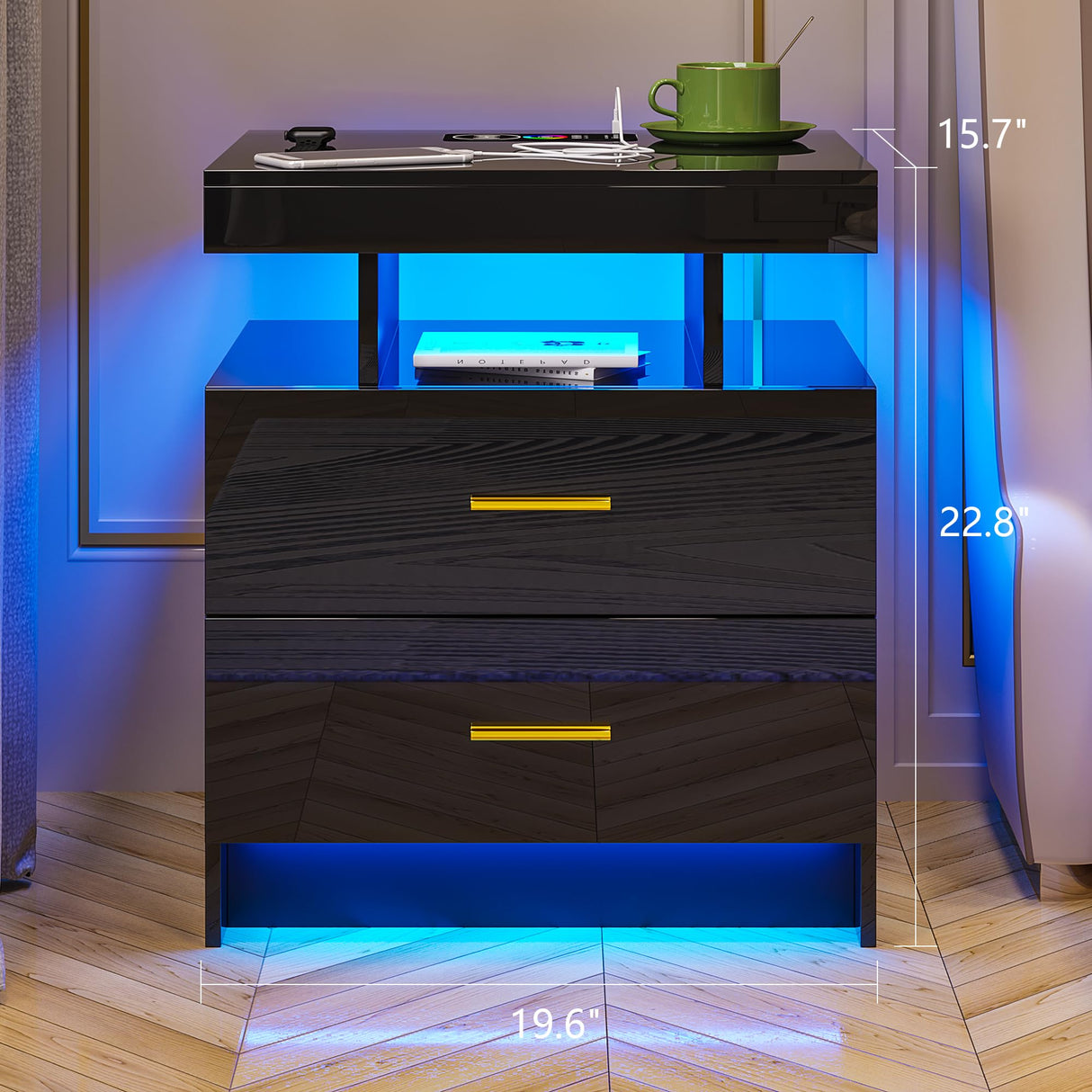 HNEBC LED Nightstand, RGB Black Night Stand with USB/Wireless Charging Station, Modern Bedside Table has Auto Sensor RGB Lights, End Side Table with 2 Drawer for Bedroom Furniture, Black HNEBC