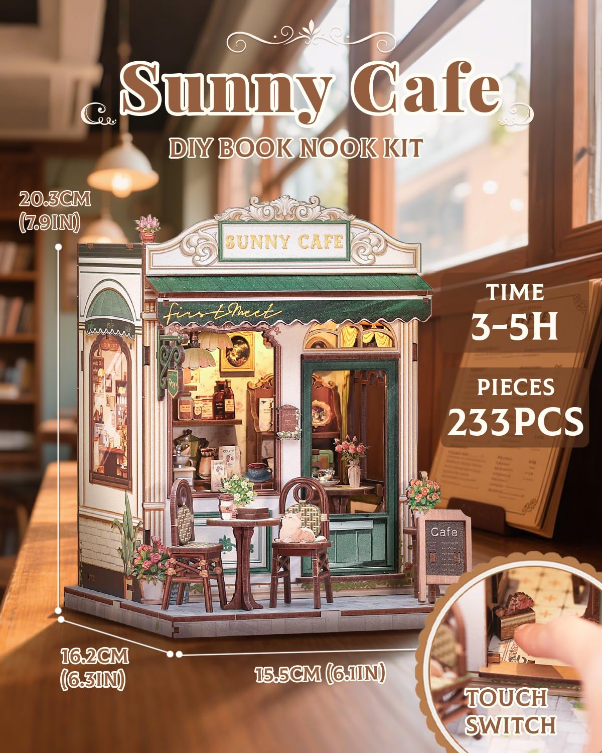 CUTEBEE Book Nook Kit - DIY Miniature House Dollhouse Kit for Adult and Teens, Booknook Bookshelf Decor Alley Model Build with LED Light, Gifts for Family and Friends (Sunny Cafe) CUTEBEE