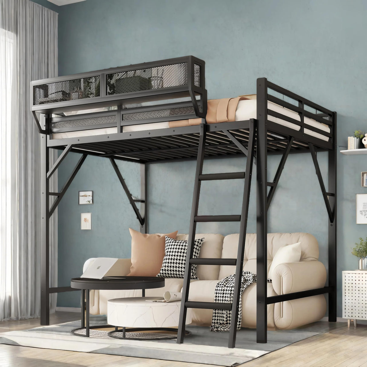 SOFTSEA Queen Size Loft Bed with Storage Shelf, Metal Loft Bed Frame with Ladder and Under-Bed Space for Adults Teens Kids, Space Saving, Heavy-Duty, Black SOFTSEA