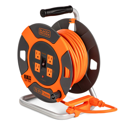 BLACK+DECKER 75 Ft. Retractable Extension Cord Reel With 4 Outlets, Multi-Plug Extension, Easy Handle Rewind & Heavy-Duty 14AWG SJTW Cable - WoodArtSupply