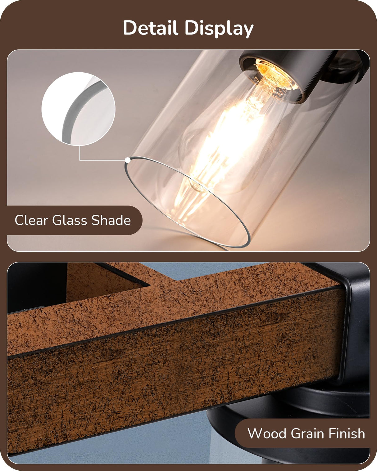 EDISHINE Farmhouse Vanity Lights for Bathroom, 2-Light Bathroom Vanity Light Fixtures Over Mirror, Painted Wood Bath Wall Sconces Lamp with Clear Glass Shade for Bathroom, Powder Room EDISHINE