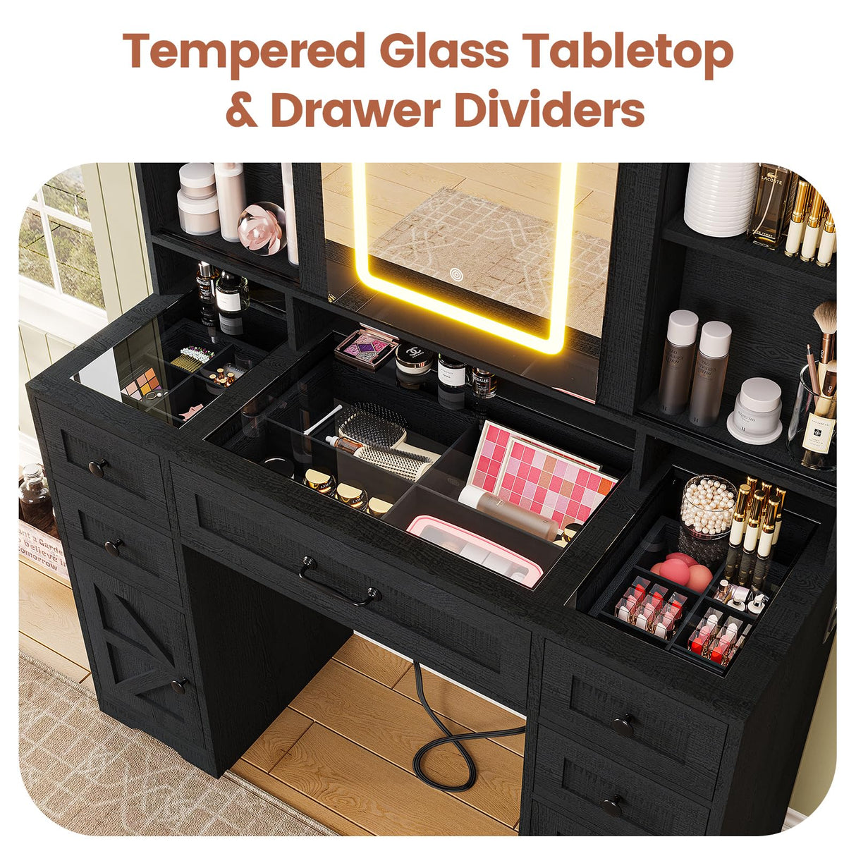 BTHFST Farmhouse Makeup Vanity with Lights & Sliding Mirror, Glass Top Vanity Desk with Charging Station, Large Makeup Table with 5 Drawers & Shelves BTHFST