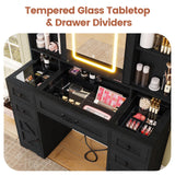 BTHFST Farmhouse Makeup Vanity with Lights & Sliding Mirror, Glass Top Vanity Desk with Charging Station, Large Makeup Table with 5 Drawers & Shelves BTHFST
