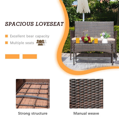 Flamaker Outdoor Furniture Patio Set Cushioned PE Wicker Rattan Chairs with Coffee Table 4 PCS for Garden Poolside Porch Backyard Lawn Balcony Use (Brown&Beige) - WoodArtSupply