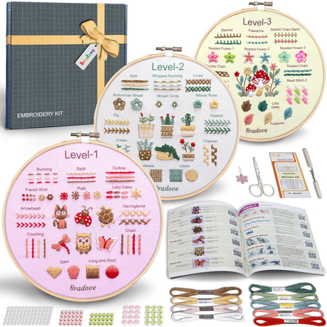 Bradove Beginner Embroidery Kit for Adults Kids, Learn to Embroider 37 Stitches and 13 Cute Patterns, Stitches Kit, Bead Embroidery Kit, Beginner Embroidery Practice Bradove