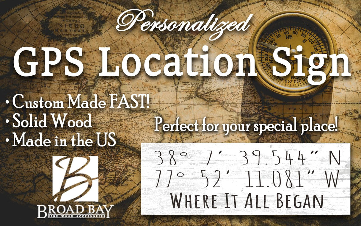 Personalized GPS Coordinate Wall Sign - Custom Home Décor 16.5 x 5.5 - Solid Wood - (Simple) Broad Bay