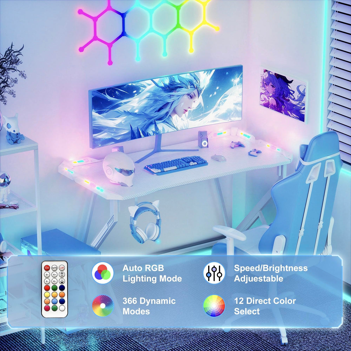TIQLAB Small Gaming Desk with LED Lights, 40 Inch Computer Desk for Home Small Space, Gaming Table with Carbon Fiber Surface, PC Gamer Desk for Kids Boys Men, White TIQLAB