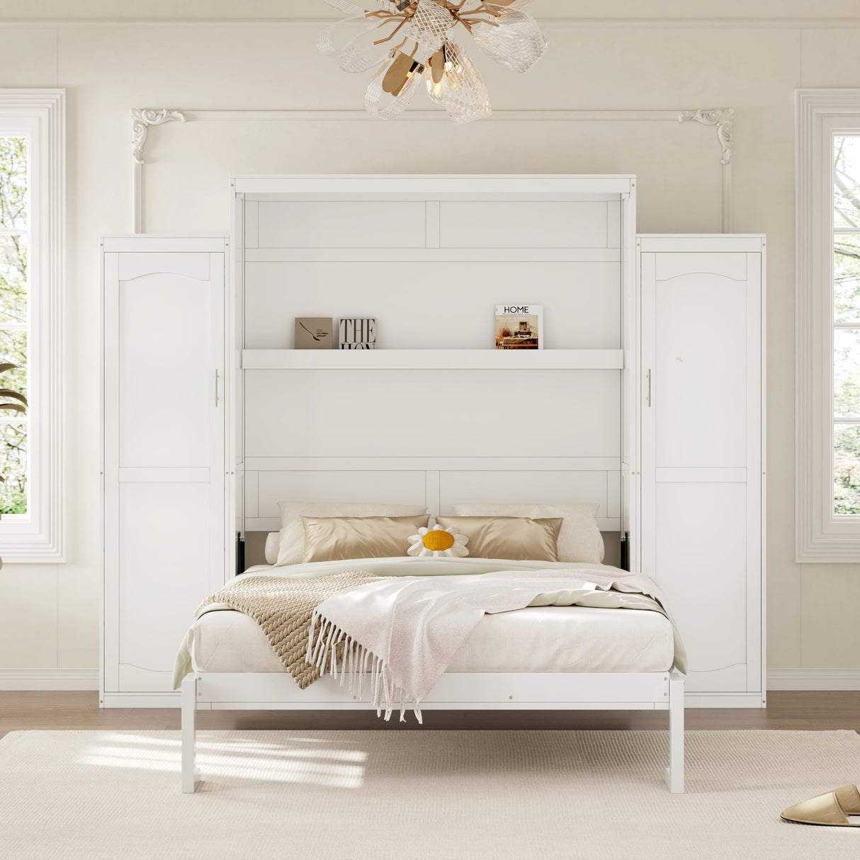 Ball & Cast Queen Size Murphy Bed with Two Wardrobe and Storage Shelf, Wall Bed Frame Folding into Cabinet Design,Multifunctional Foldable Platform Bed for Small Space,Bedroom,Guest Room, White Ball & Cast