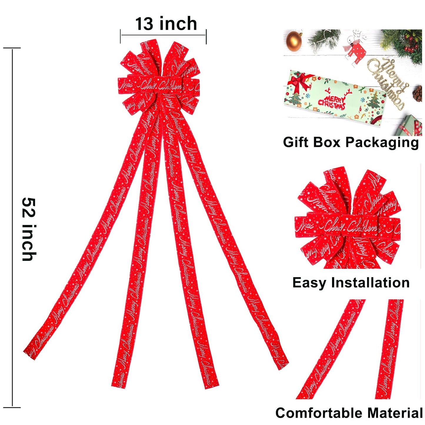 Christmas Tree Topper Christmas Wreath Bow, 52 * 13 inches Tree Toppers Bow with Letter Patterned Ribbon for Xmas Tree Christmas Rustic Farmhouse Home Holiday Party Decorations Red