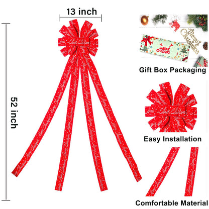 Christmas Tree Topper Christmas Wreath Bow, 52 * 13 inches Tree Toppers Bow with Letter Patterned Ribbon for Xmas Tree Christmas Rustic Farmhouse Home Holiday Party Decorations Red