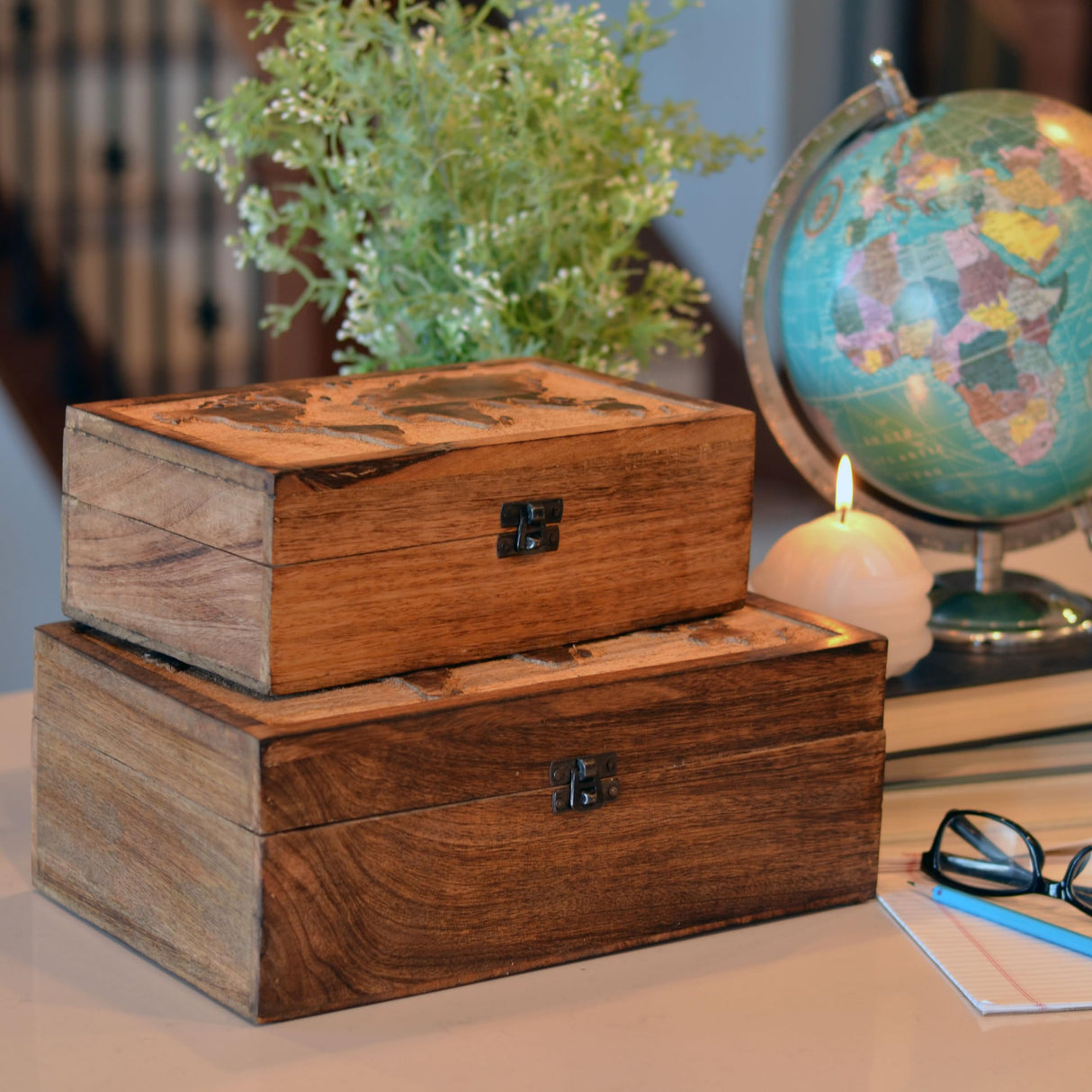 WHW Whole House Worlds World Map Boxes, Set of 2, Handmade, Mango Wood, Decorative, Raised Relief Details, 11.75 Inches WHW Whole House Worlds