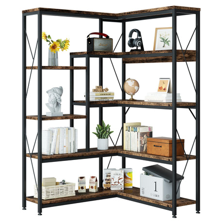 Shintenchi 5 Tiers Corner Bookshelf, 70.86" Tall L-Shaped Bookcase, Large Corner Etagere Bookcase, Corner Shelf Display Storage Rack with Metal Frame for Living Room Home Office, Rustic Brown Shintenchi