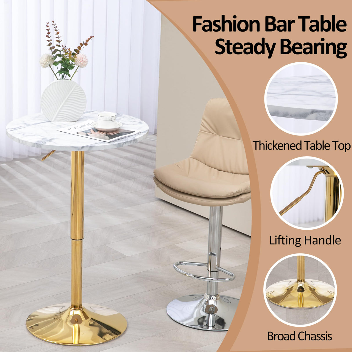 Finnhomy 24'' Round Cocktail Bar Table with Metal Base, Tall Bistro Pub Table, Adjustable 27.9''-35.4'' Counter Bar Height for Kitchen, Dining Room, Living Room, Easy Assembly, Gold Finnhomy