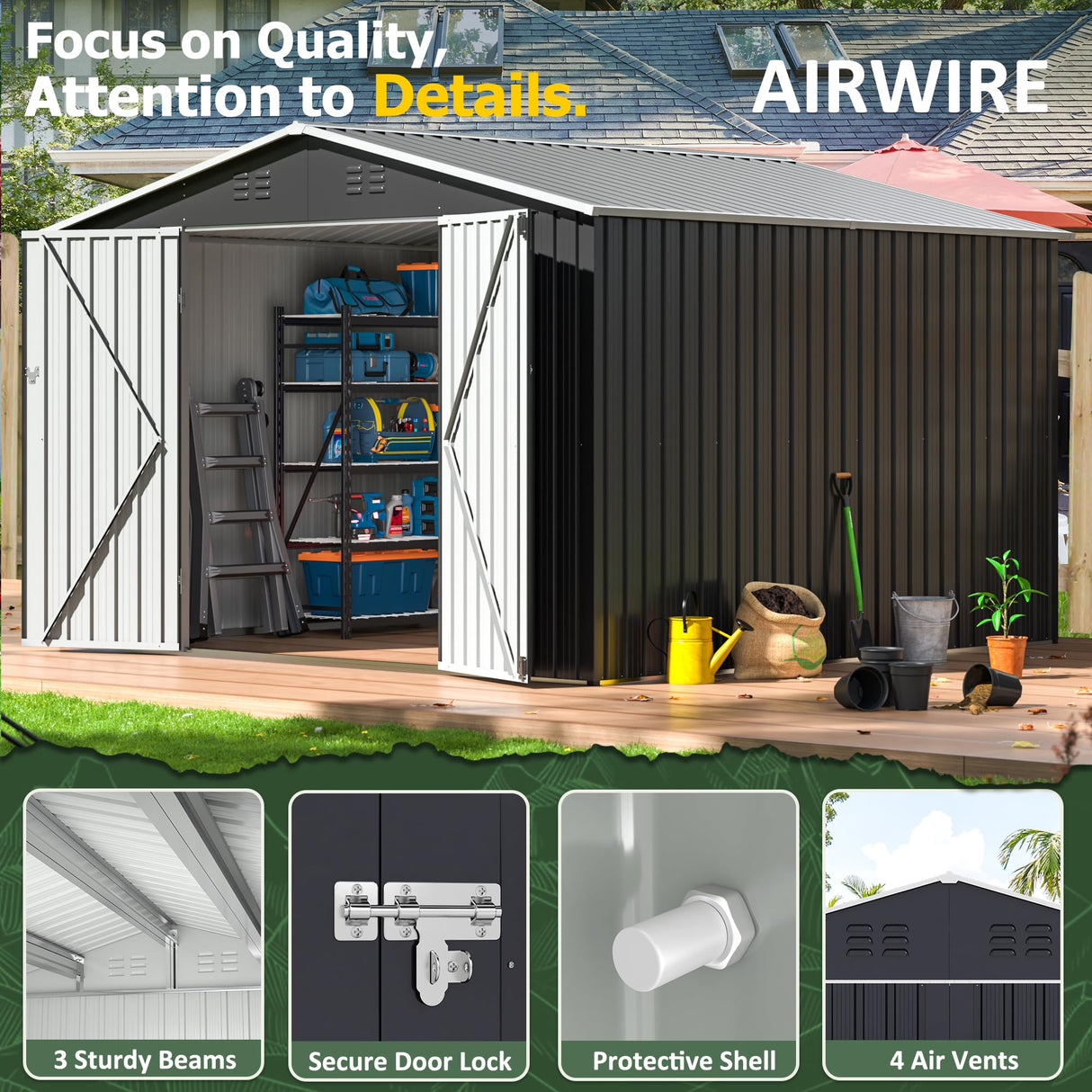 AirWire 10x10 FT Outdoor Storage Shed, Garden Shed with Updated Frame Structure and Lockable Doors, Metal Tool Sheds for Backyard Garden Patio Lawn, Grey AirWire