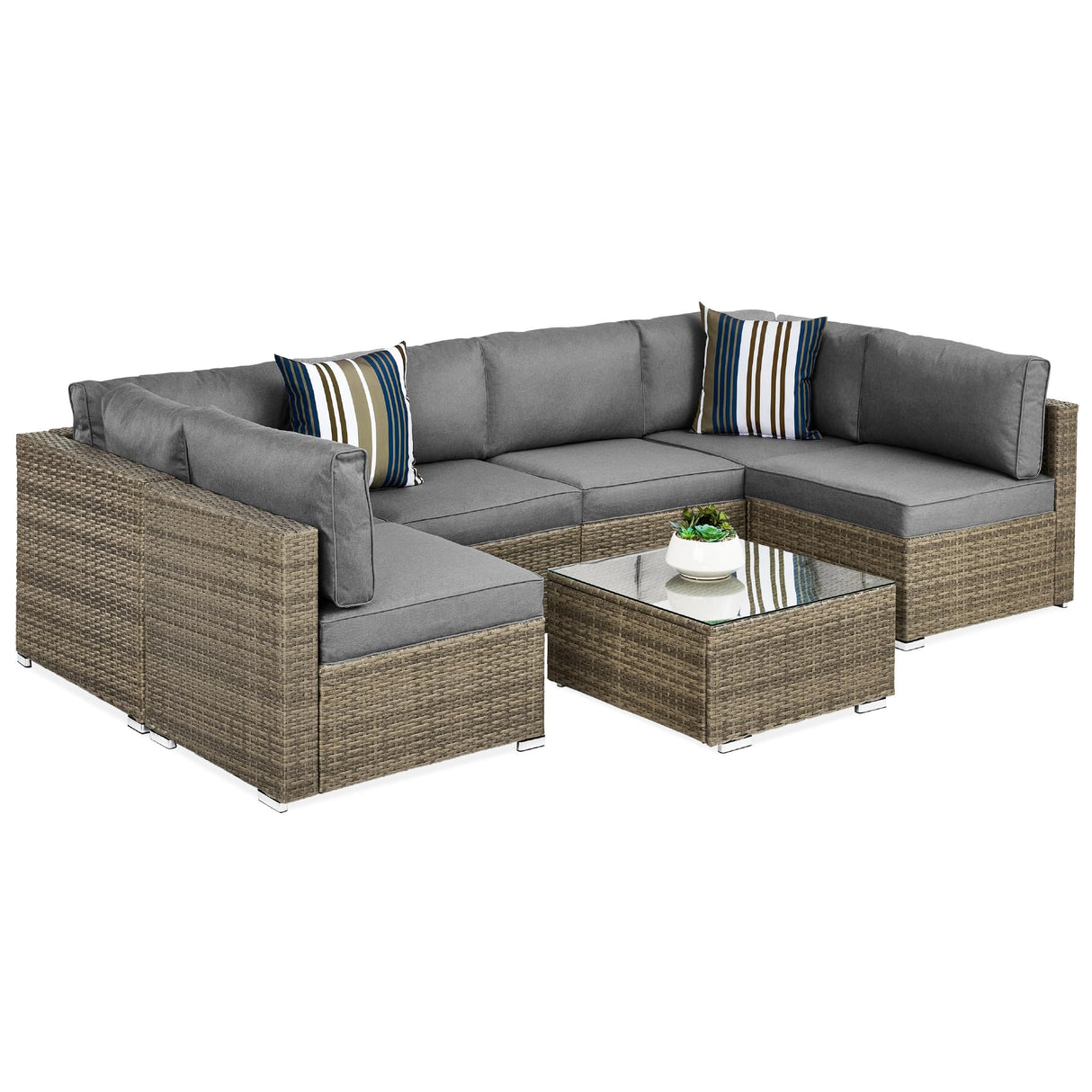 Best Choice Products 7-Piece Modular Outdoor Sectional Wicker Patio Conversation Set w/ 2 Pillows, Coffee Table, Cover Included - Taupe/Cement Gray Best Choice Products