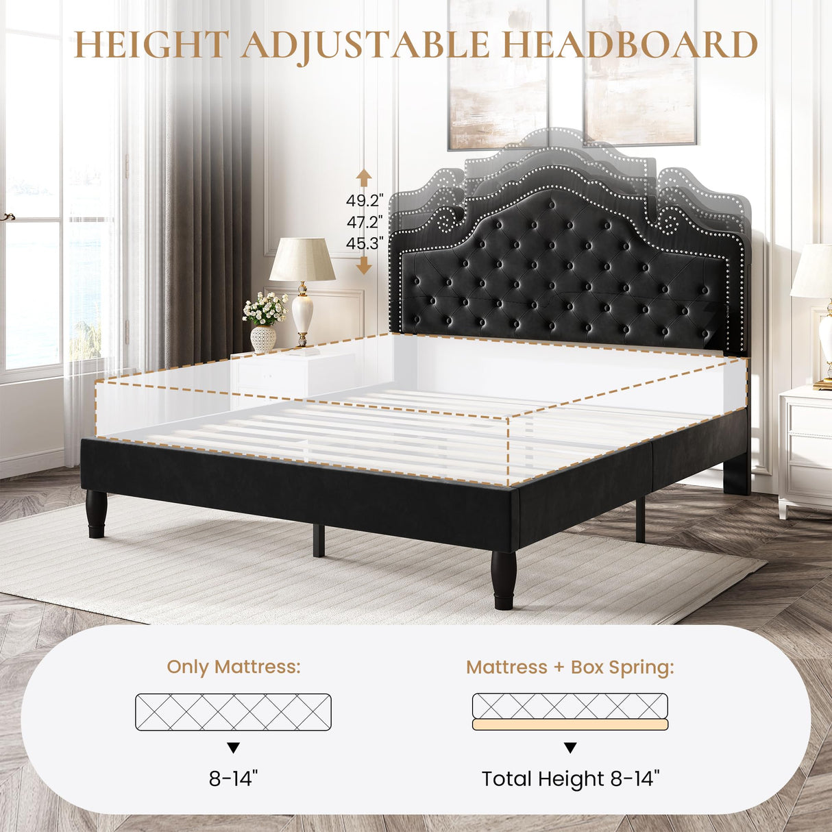 SHA CERLIN Queen Bed Frame with Adjustable Headboard/Velvet Upholstered/Diamond Button Tufted and Metal Studs/No Box Spring Needed/Wood Slat Support/Easy Assembly/Black SHA CERLIN